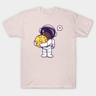 Cute Astronaut Holding Moon Cartoon T-Shirt